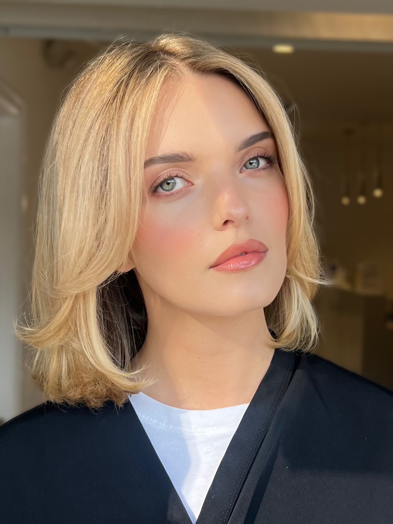 Golden blonde for thick hair at Bomane Salon, Beverly Hills – short, soft blonde with luxurious shine.