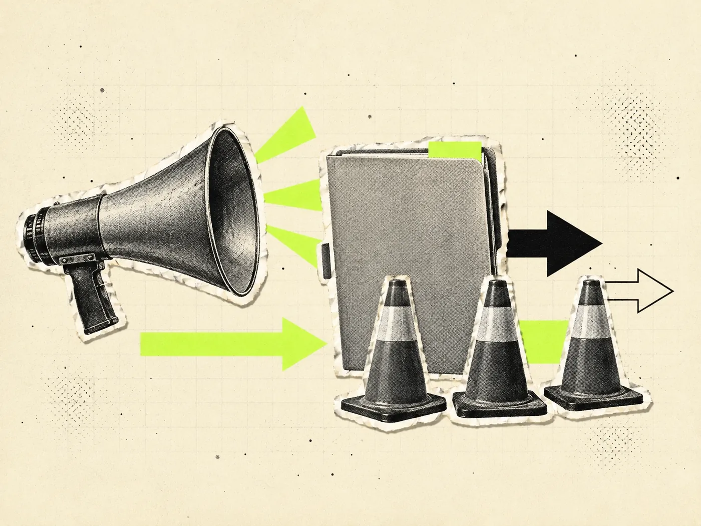 Colagem vintage: megafone, pasta de arquivo e cones de sinalização, política de uso de IA