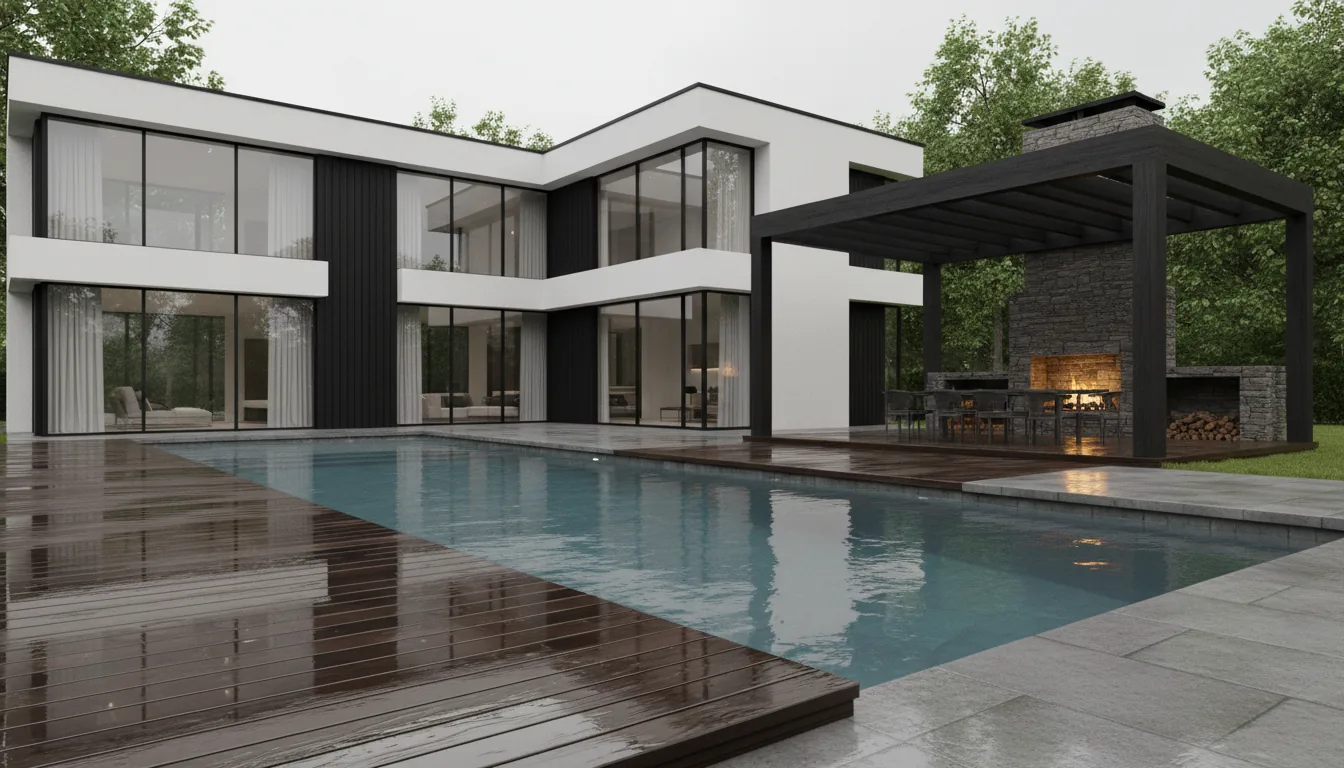Photorealistic architectural 3D render, low-angle wide shot of a modern two-story luxury house, Twinmotion style. The scene features a backyard patio with a swimming pool and wet, highly reflective dark wood decking and stone pavers in the foreground. A large dark wood pergola covers an outdoor dining area with a lit, rough-hewn stone fireplace. The house has white stucco and black wood siding with large glass windows. Soft global illumination from an overcast sky, creating realistic ray-traced reflections on all wet surfaces. Lush green trees are visible in the background. Hyperrealistic, highly detailed, 8K, Unreal Engine.