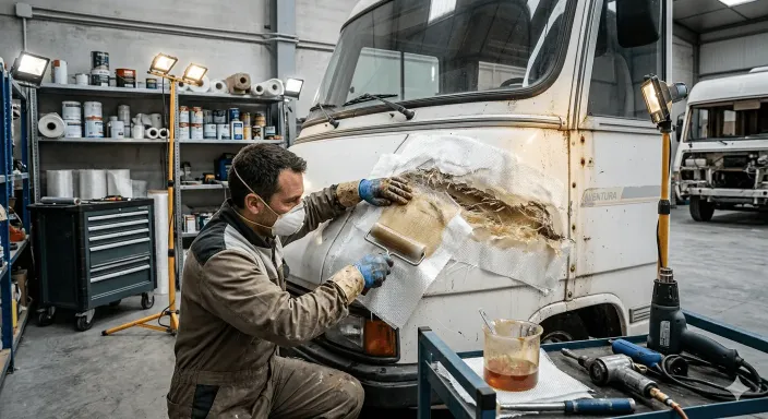 Taller especializado reparando la carrocería de fibra y aluminio de una autocaravana integral.