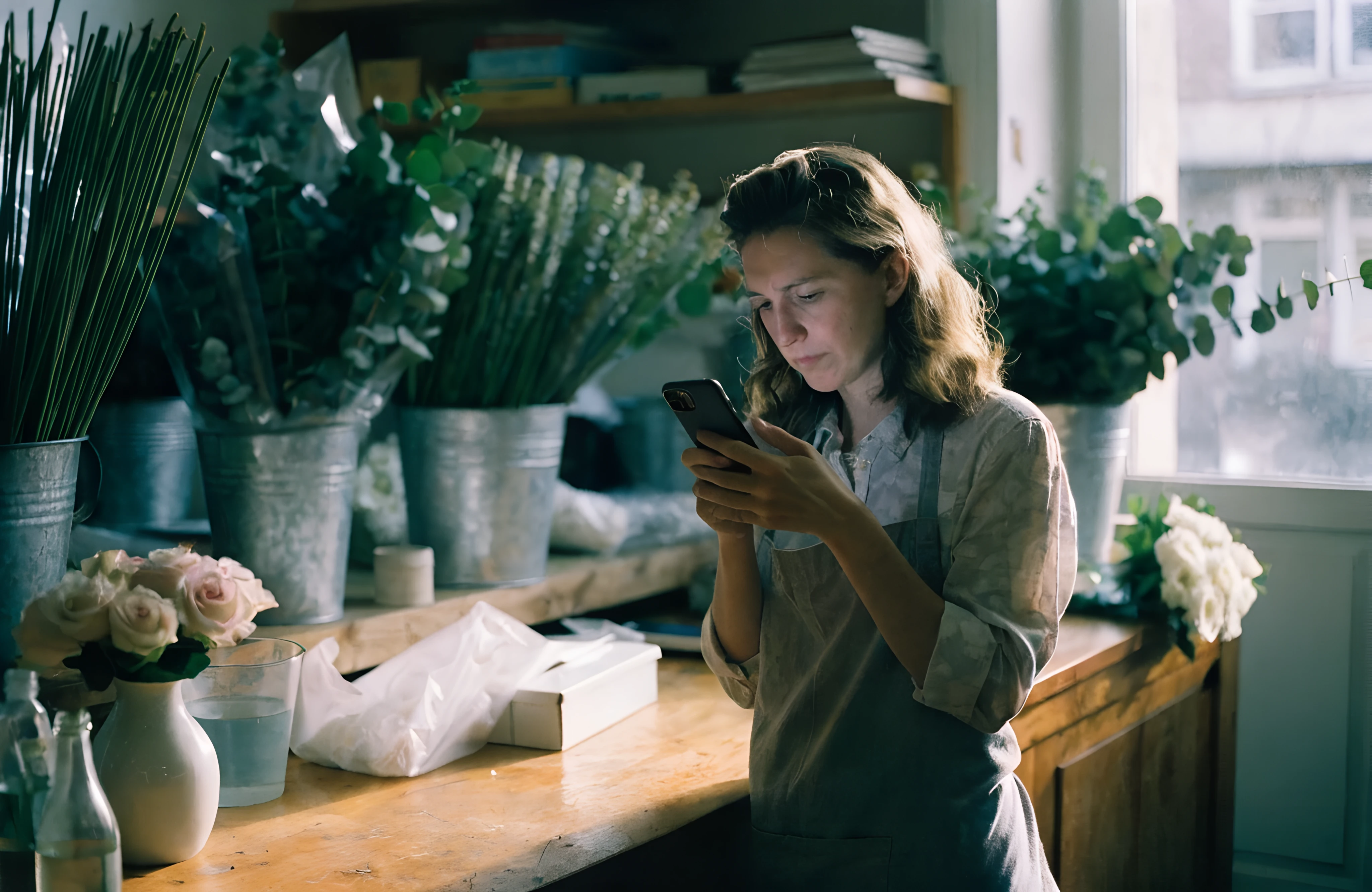 Florist in her shop staring at her phone after her web designer ghosted her mid-project