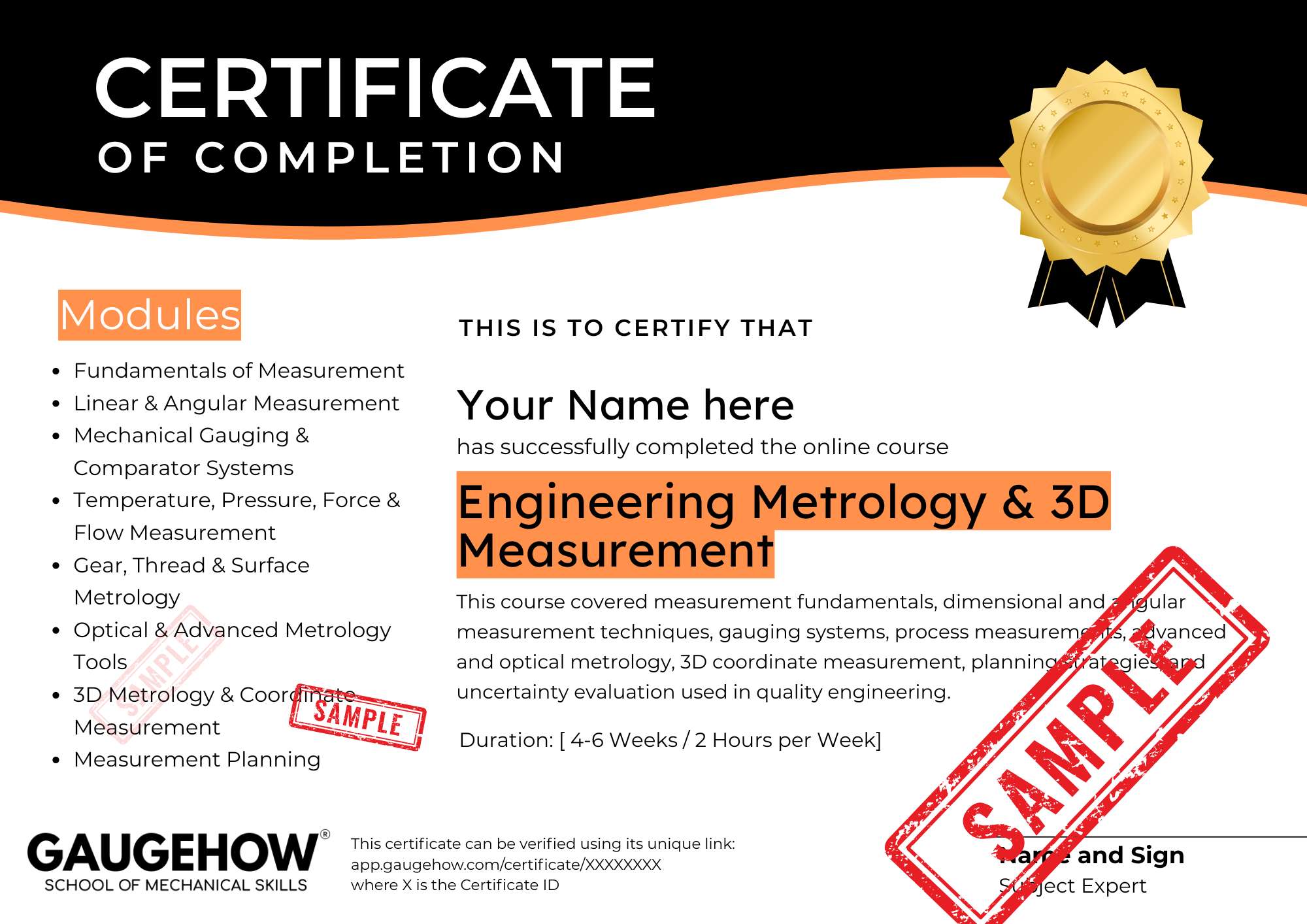 metrology course certificate