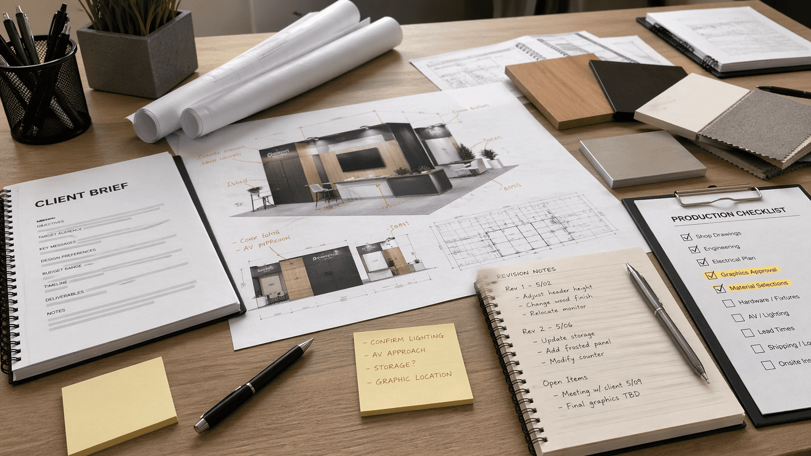 Trade show booth planning desk with client brief, production checklist, marked drawings, and material samples before fabrication starts