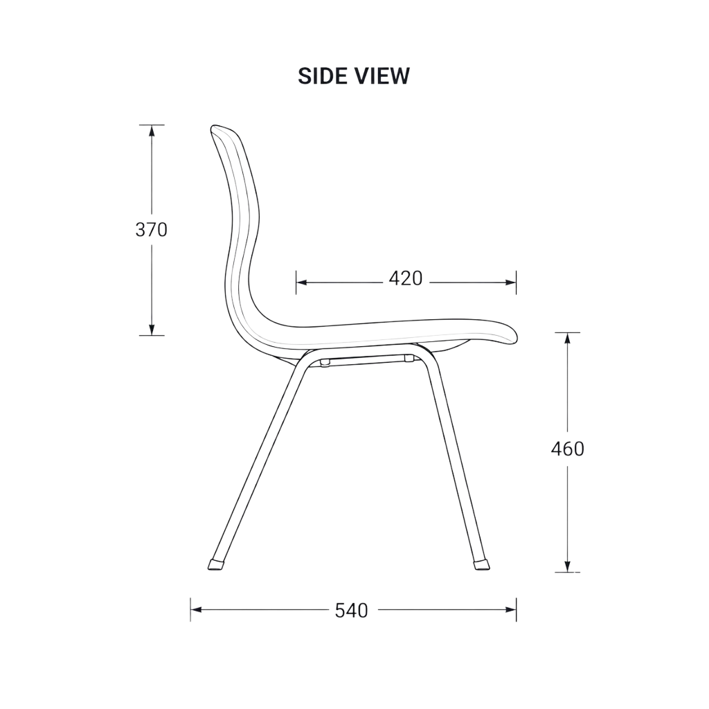 Side technical drawing of plastic school chair with 420 mm seat depth, 460 mm seat height, and 540 mm overall depth