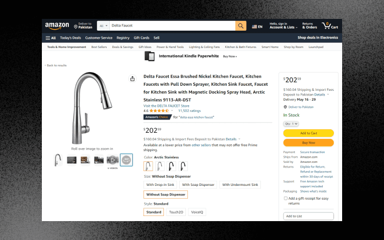 Amazon product page of a water tab