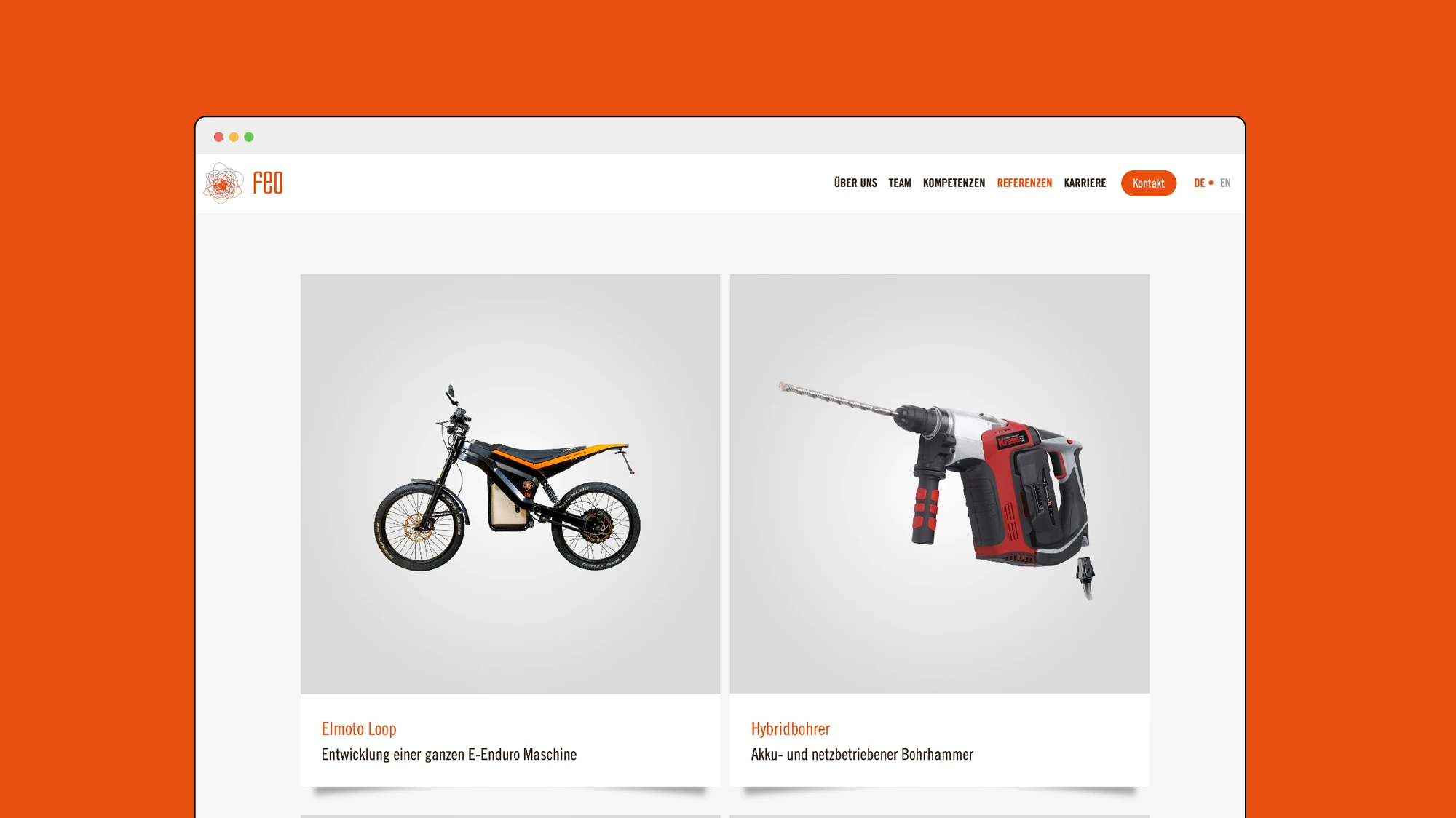 Zu sehen ist ein Ausschnitt der Projektseite der feo Elektronik GmbH. Die Darstellung zeigt Inhalte der Website in einem modernen, responsiven Design.