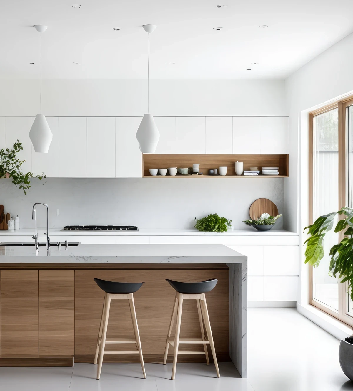 Cucina moderna ristrutturata con isola centrale, arredi in legno e luce naturale