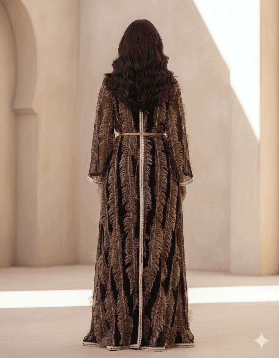 Deep burgundy Moroccan caftan with feather texture and embroidery, luxury handmade caftan Bahrain