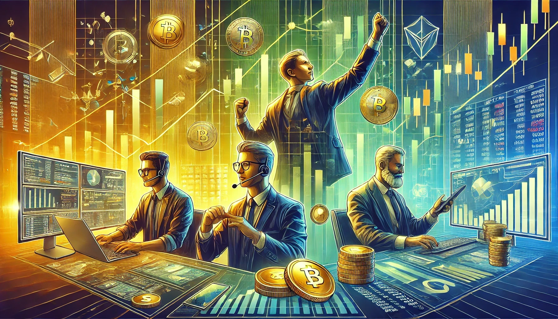 Illustration of three successful traders celebrating their market wins, with financial charts and trading desks in the background.