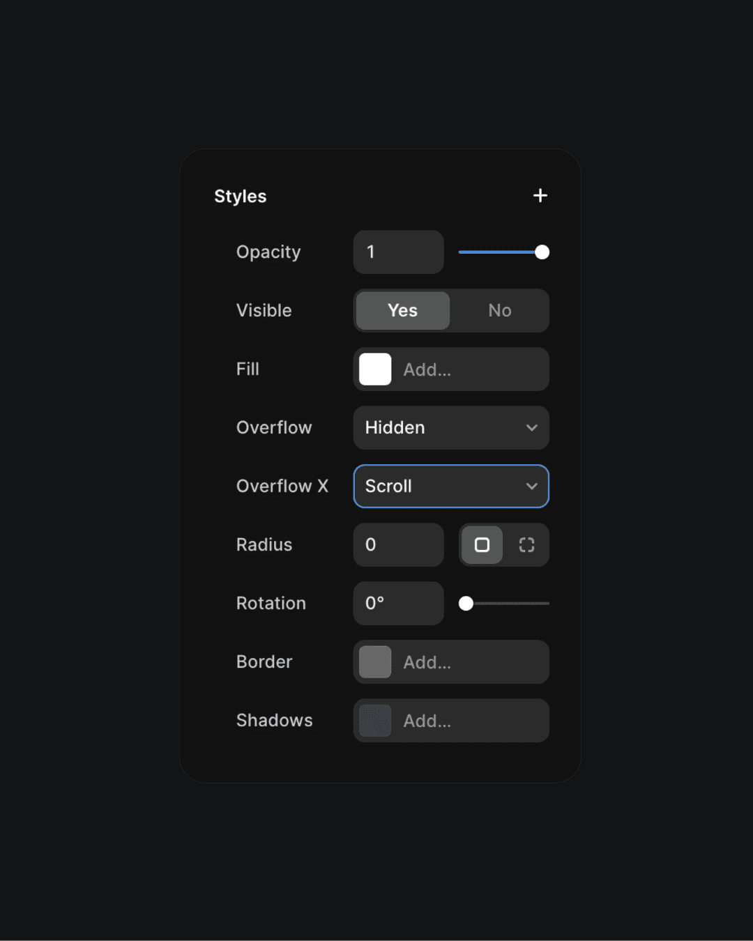 Styling settings panel in Framer showing options for opacity, visibility, fill, overflow, and more