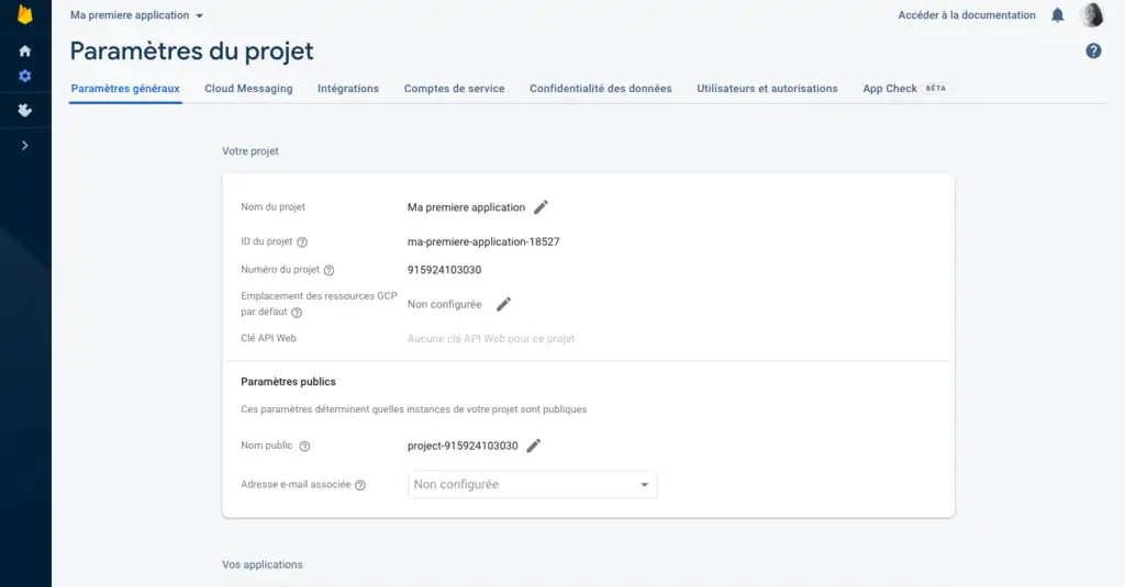 Paramètre projet Firebase