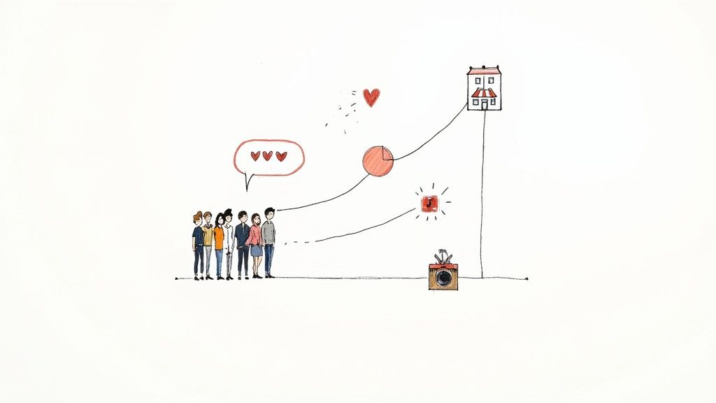 Illustration showing people engaging with social media tools and content to drive business growth towards a small building.