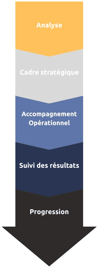 Étapes clés du coaching : analyse, stratégie, accompagnement opérationnel, suivi et progression.