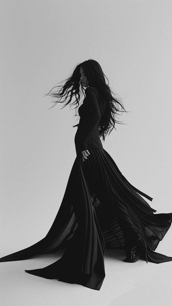 Black and white editorial photo of a woman in a flowing dress, Agentura CTA section
