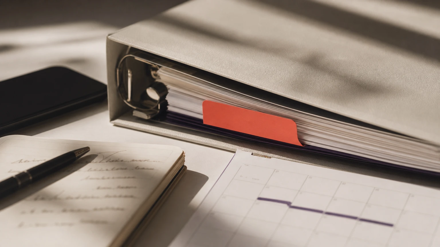 Business continuity planning materials spread across desk, showing operational handoff documentation