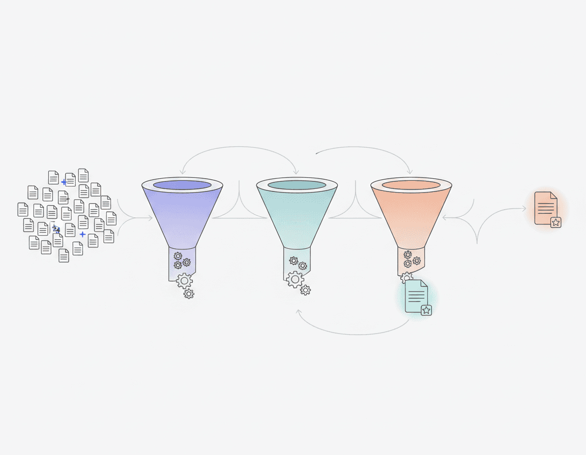 Documents filtered through three funnels representing AI engines, with one highlighted page emerging from each.