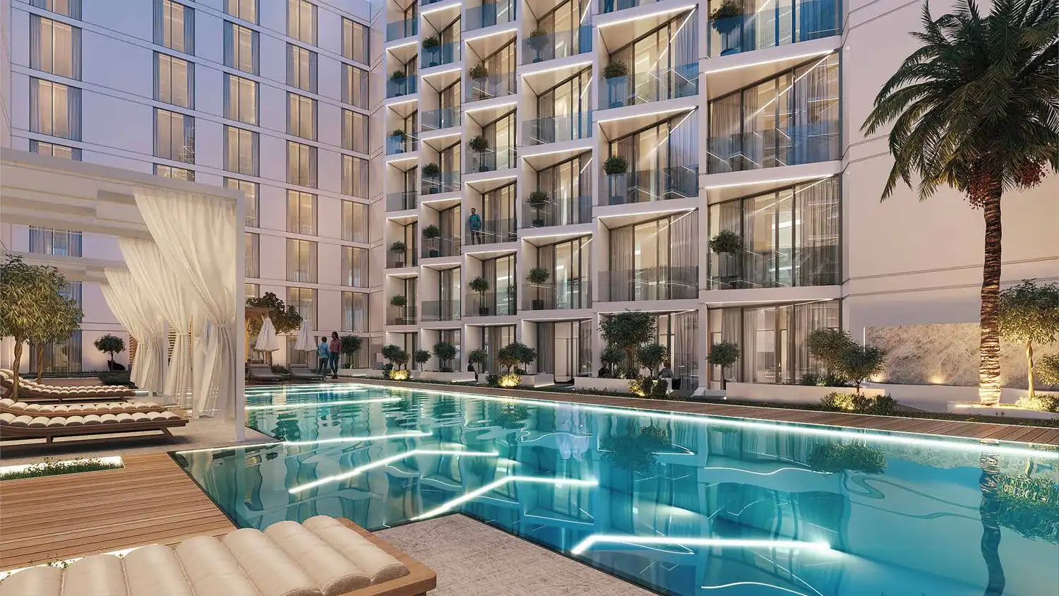 The Mondrian, a beachfront apartment building in Dubai, features contemporary design with ocean views and palm trees.