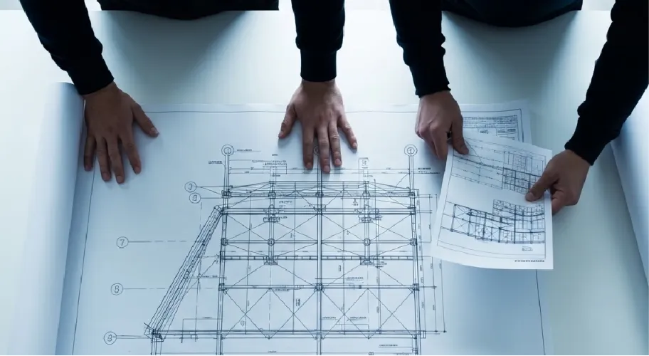 Structural steel fabrication drawings reviewed by engineers for project planning and execution accuracy