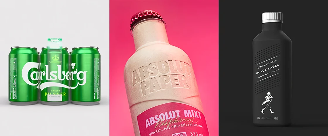Calsberg cans, Absolut Mixt paper bottle prototype,  Johnnie Walker plastic-free bottle