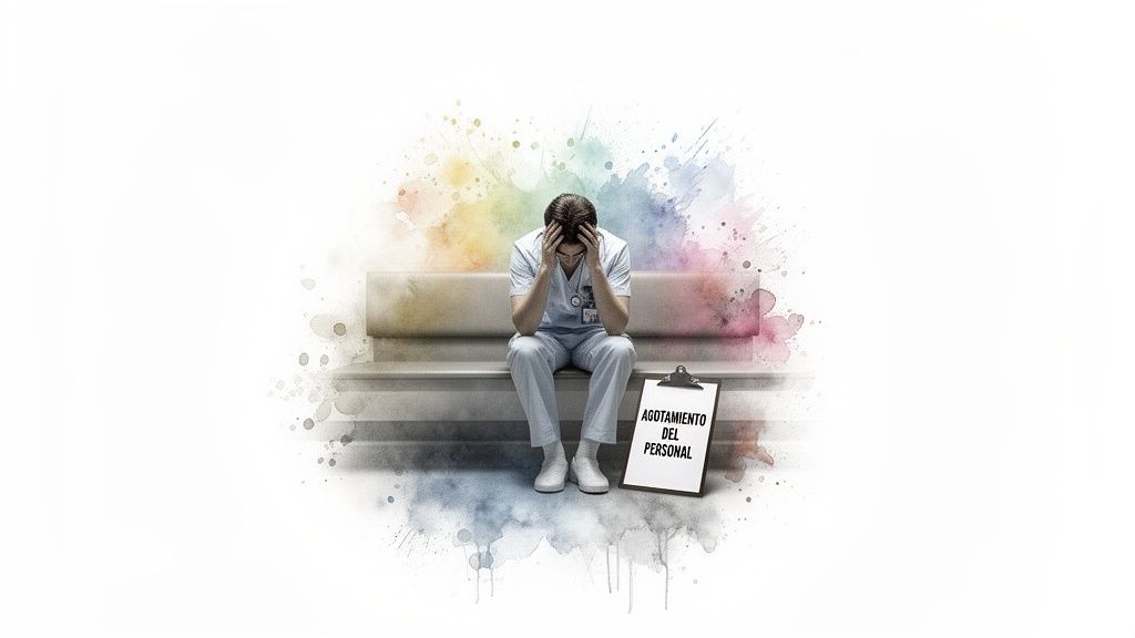 Un profesional de la salud agotado se sienta en un banco, con un cartel que indica 'Agotamiento del personal'.