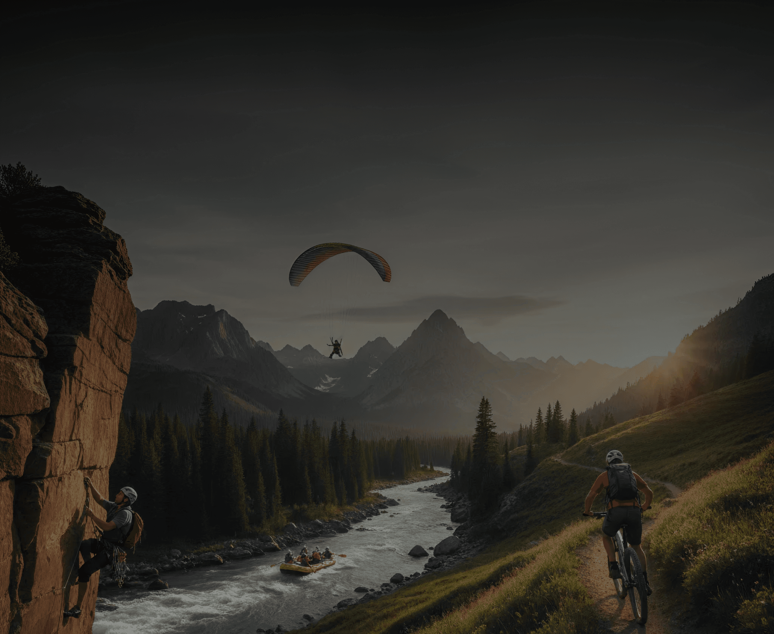 Nature adventure sports scene showing cycling, rock climbing, river rafting and paragliding. Perfect for users searching for adventure sports near me or water sports options.