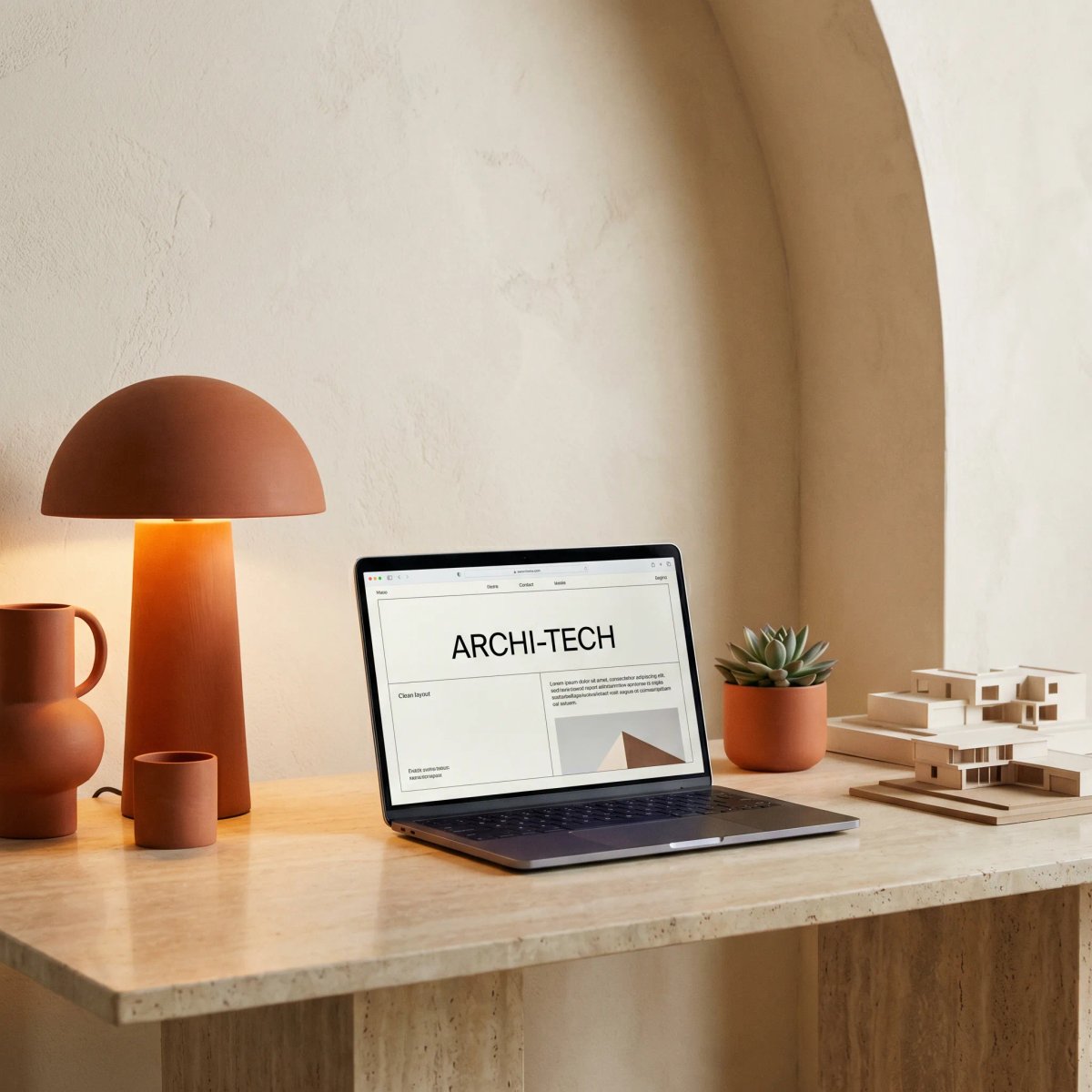 Laptop on a desk beside a lamp and a plant showing a newly redesigned website
