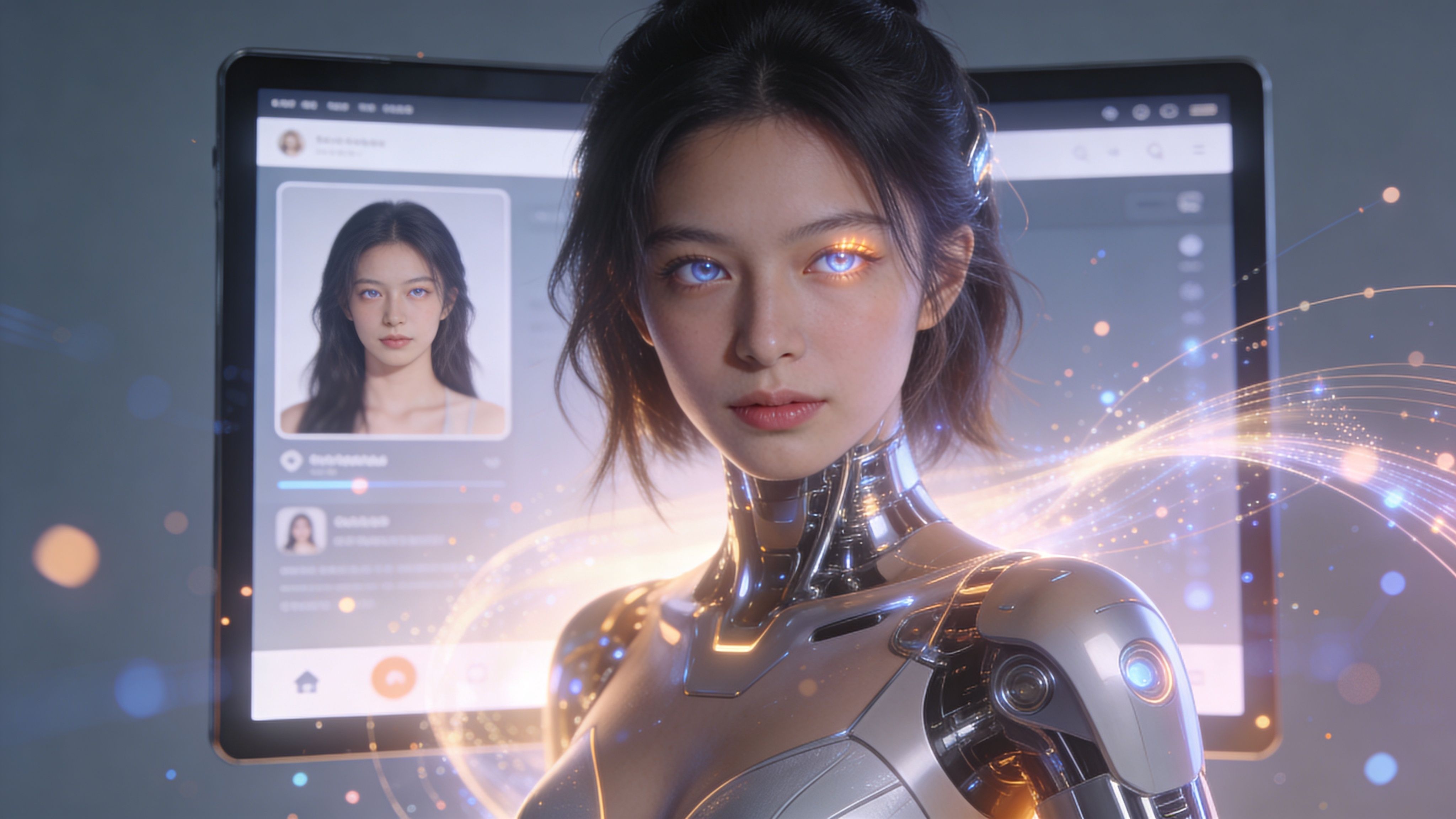 Eine futuristische Android-Frau mit leuchtenden Augen vor einem Bildschirm, der ein menschliches Gesichtsprofil digital anzeigt.