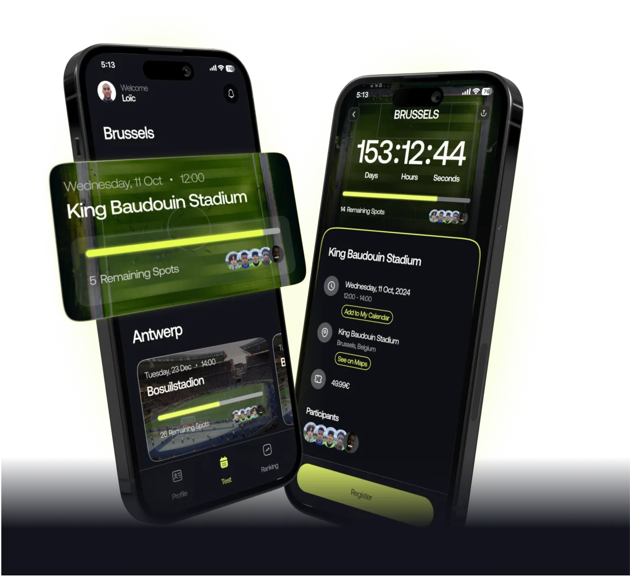 Mockups showcasing two screens from the IFREQ app; One showing the test selection and the second one illustrating the test booking process.