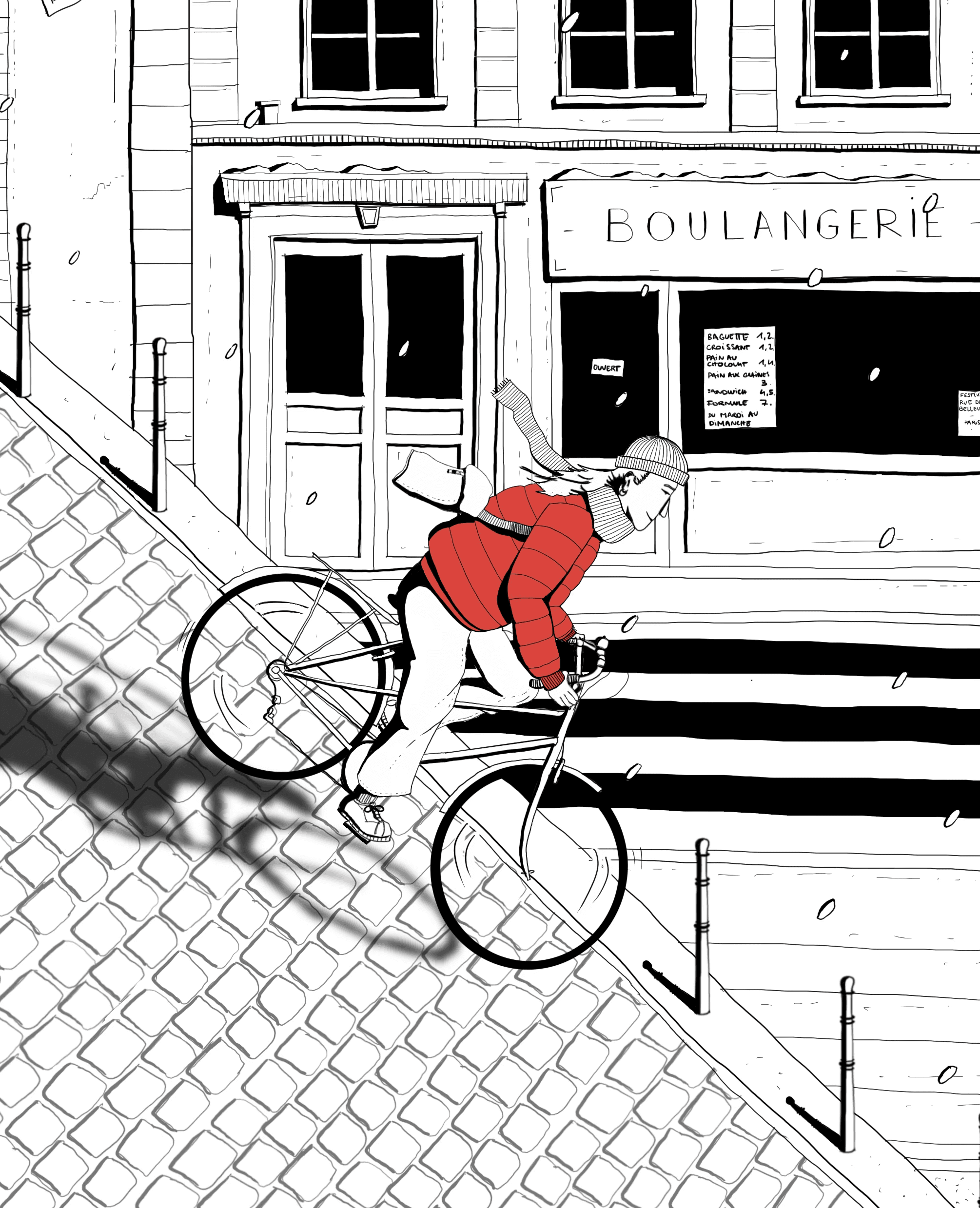 illustration de Victoire sur un vello qui dévalle la rue de Belleville dans le 20ème arrondissement de Paris