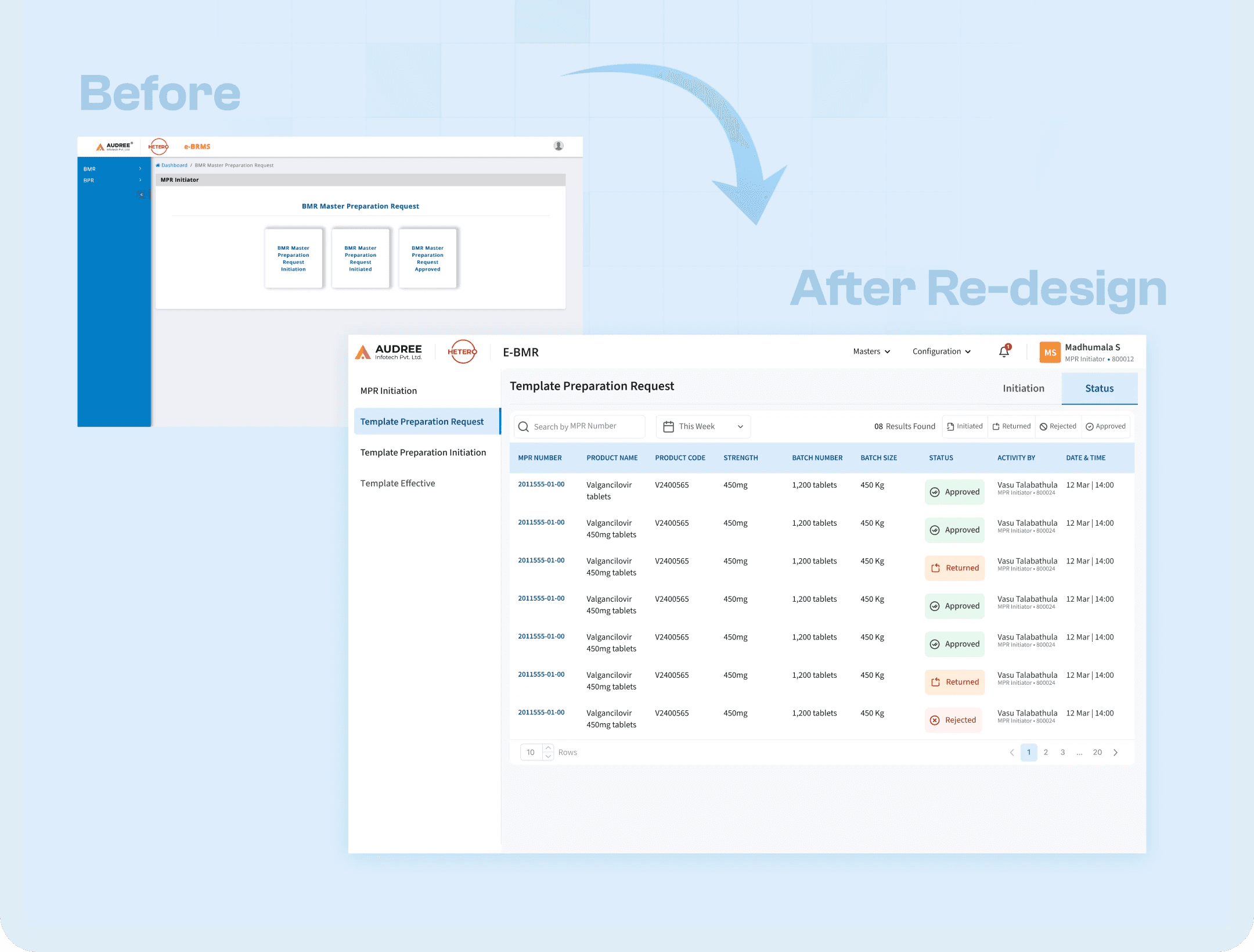 BMR software old and new redesign screens