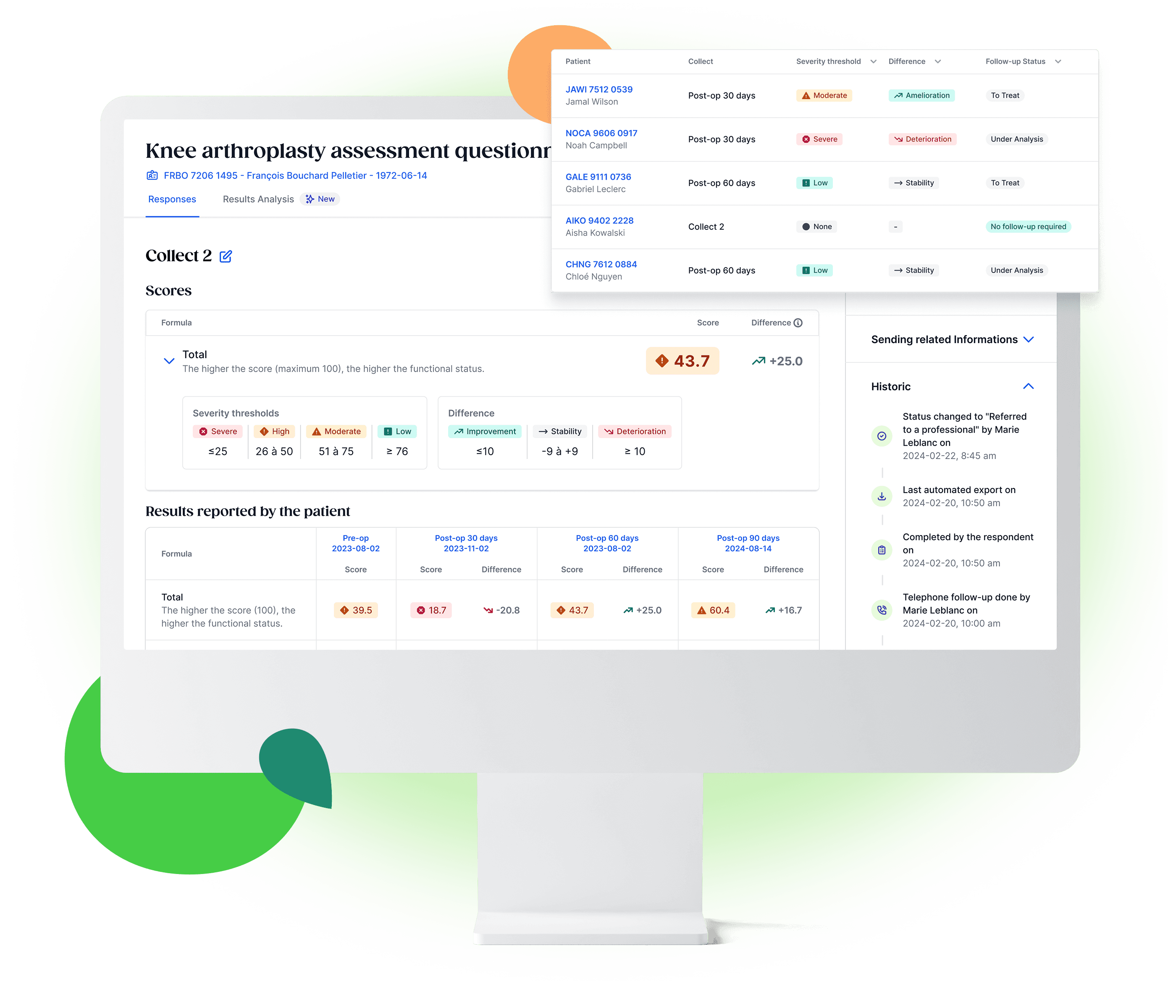 Computer screen displaying an evaluation survey for arthroplasty with the patient's data and scores in French.