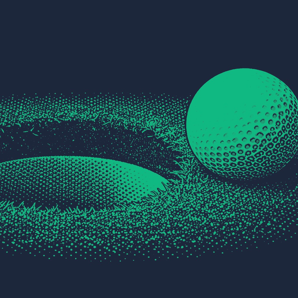 A dramatic teal illustration of a golf ball resting on the very lip of the cup, emphasizing the tension of a near-miss or a final roll.