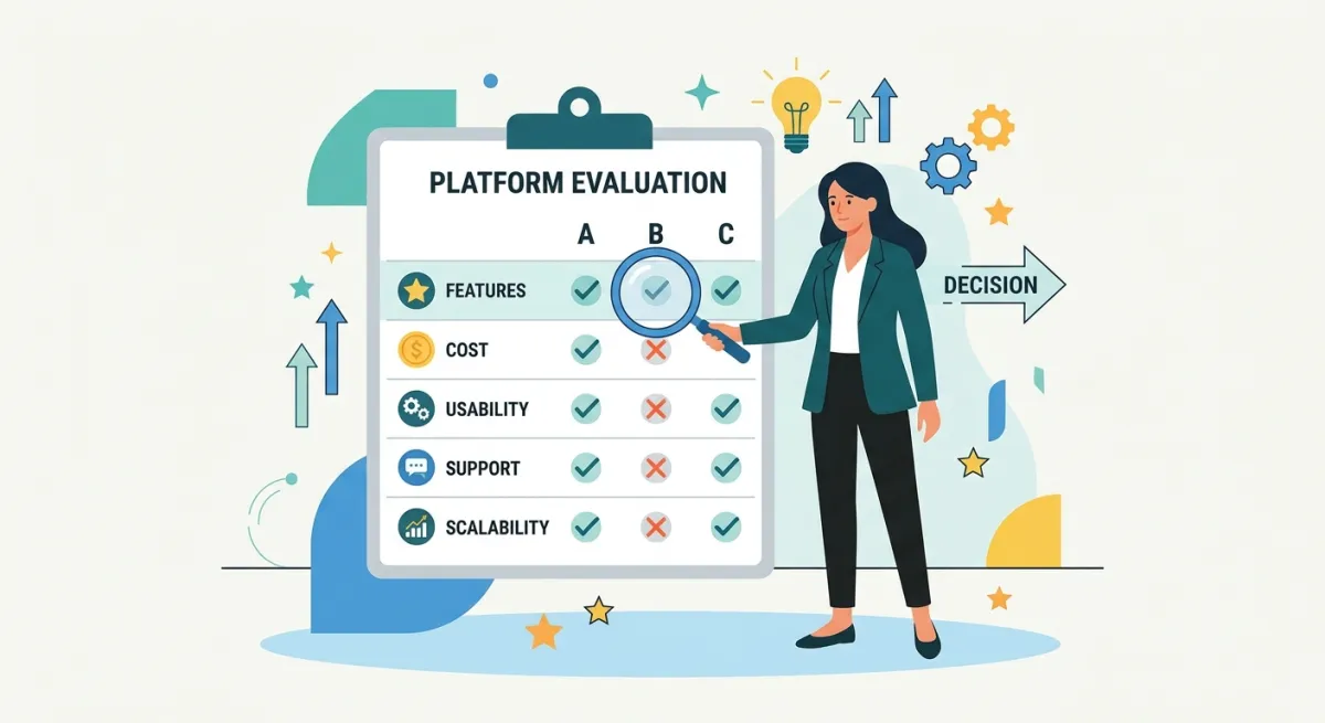 Flat illustration of a person comparing platform options on a checklist with a magnifying glass.