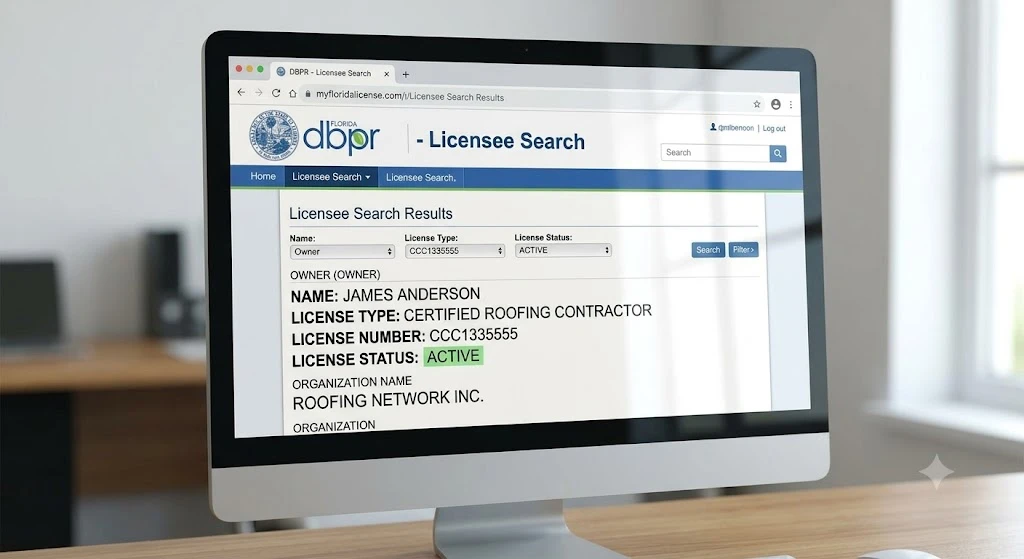 Florida DBPR license lookup screen showing an active certified roofing contractor license