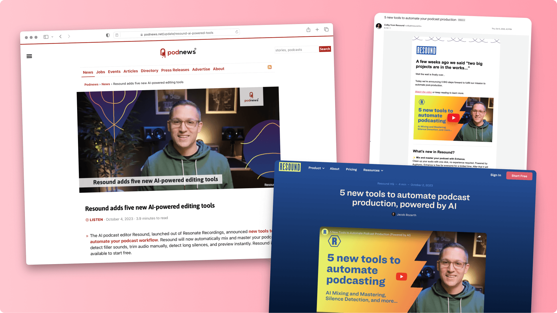 Resound’s product launch in October 2023 was featured as the headline of PodNews (25K+ subscribers).