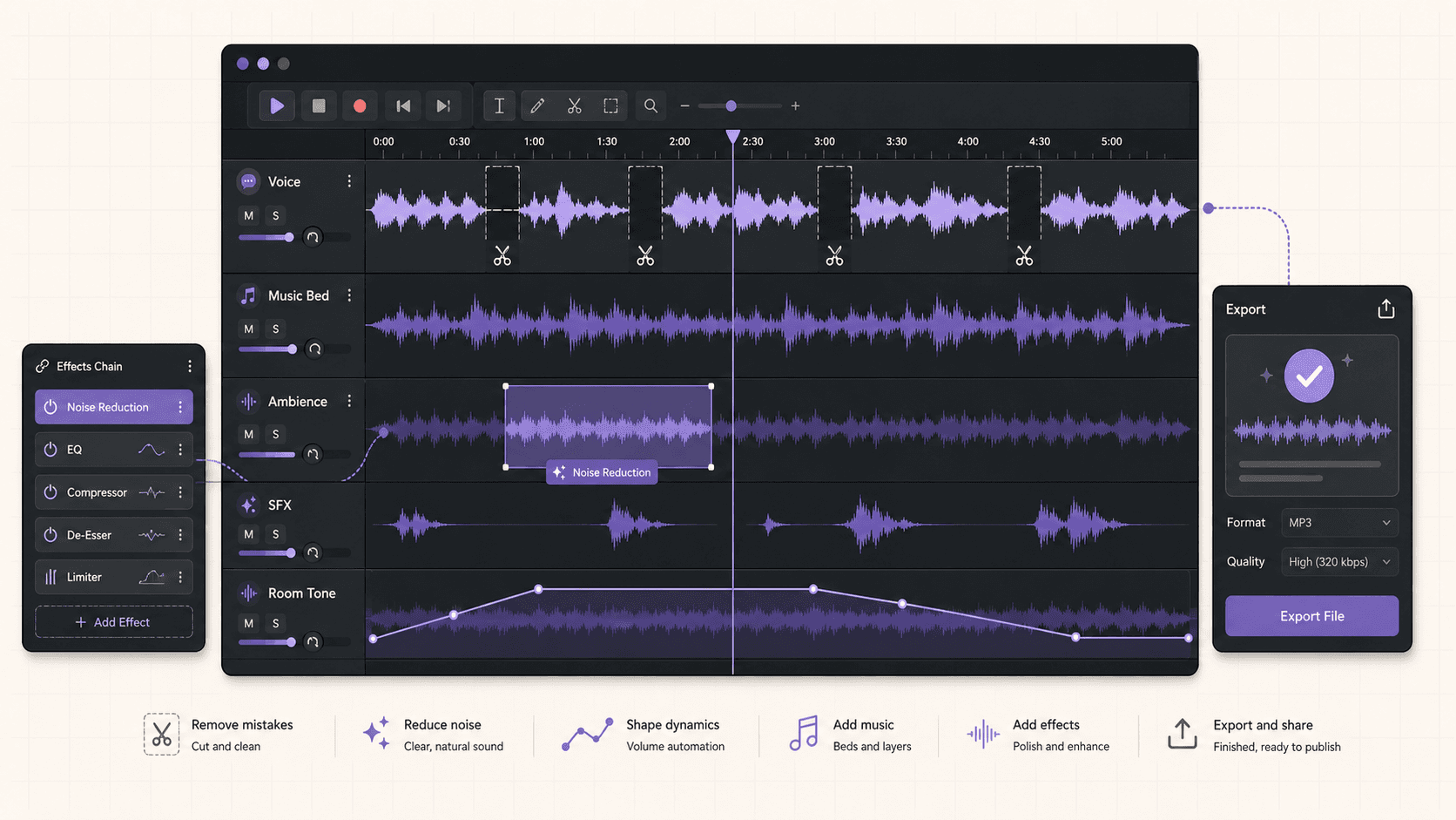 Audacity multitrack project removing mistakes, reducing noise, shaping dynamics, adding music and effects, and exporting a finished audio file.