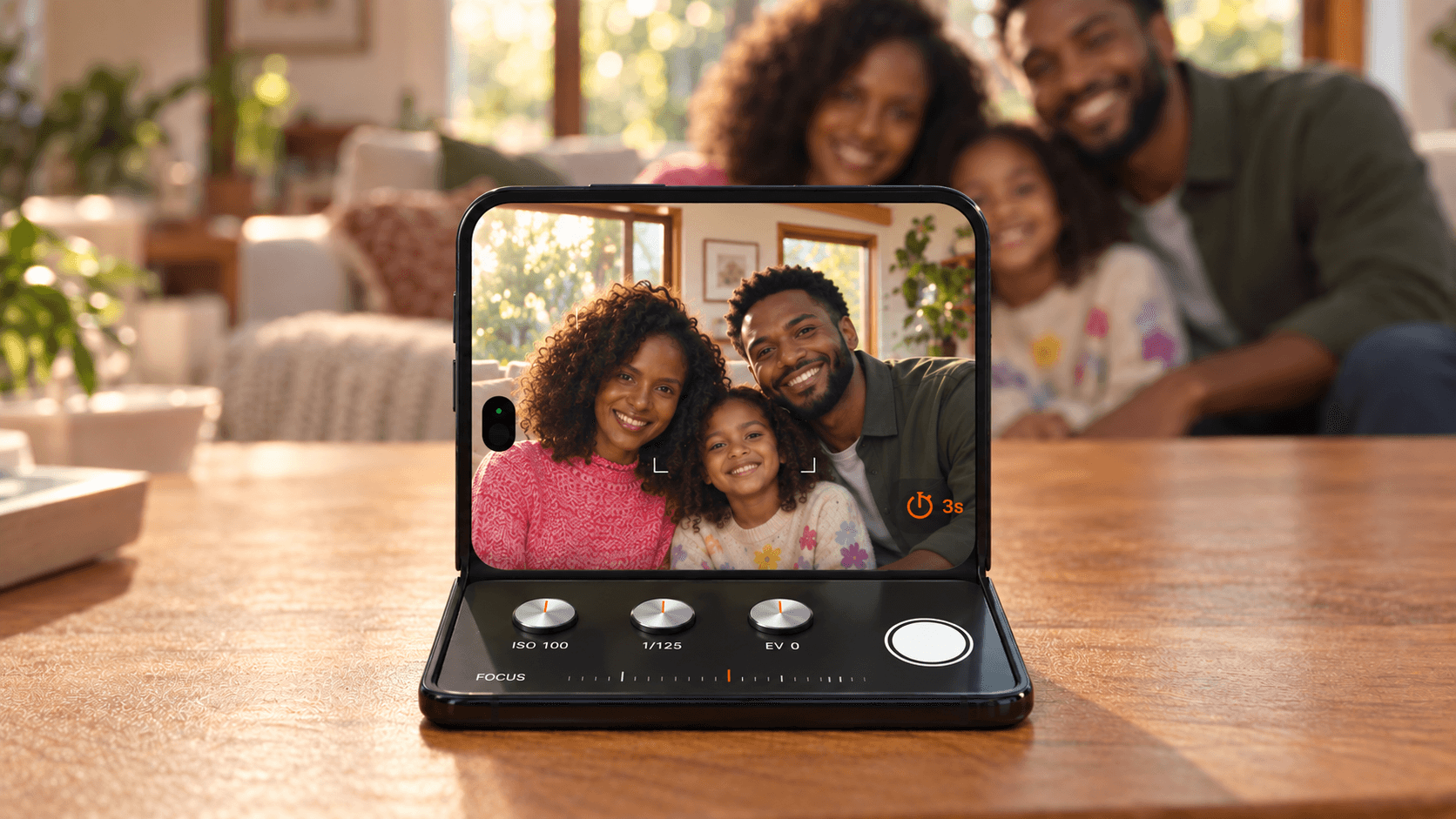 A seated foldable phone shows a family in its upright viewfinder, with manual camera controls on the lower display and the same family blurred behind it.
