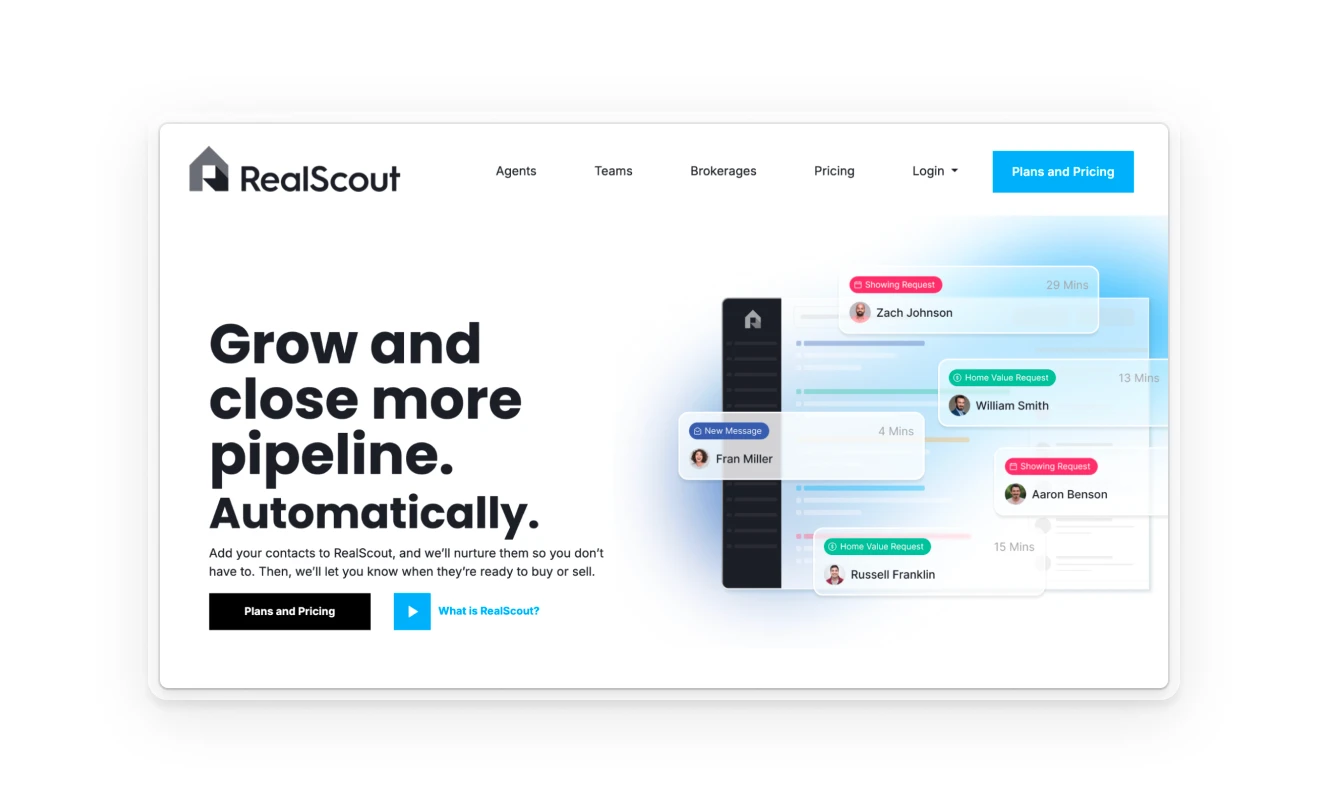 RealScout platform homepage promoting automated tools for real estate agents to grow their client pipeline, featuring buyer engagement notifications and property search tracking.