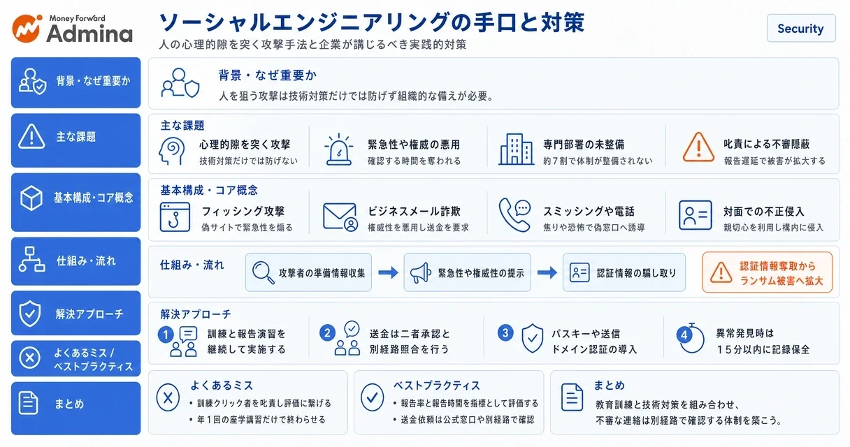 ソーシャルエンジニアリングの代表的な手口と、別経路での本人確認や二者承認、不審メールの報告体制といった具体的な対策をわかりやすく図解したインフォグラフィック。