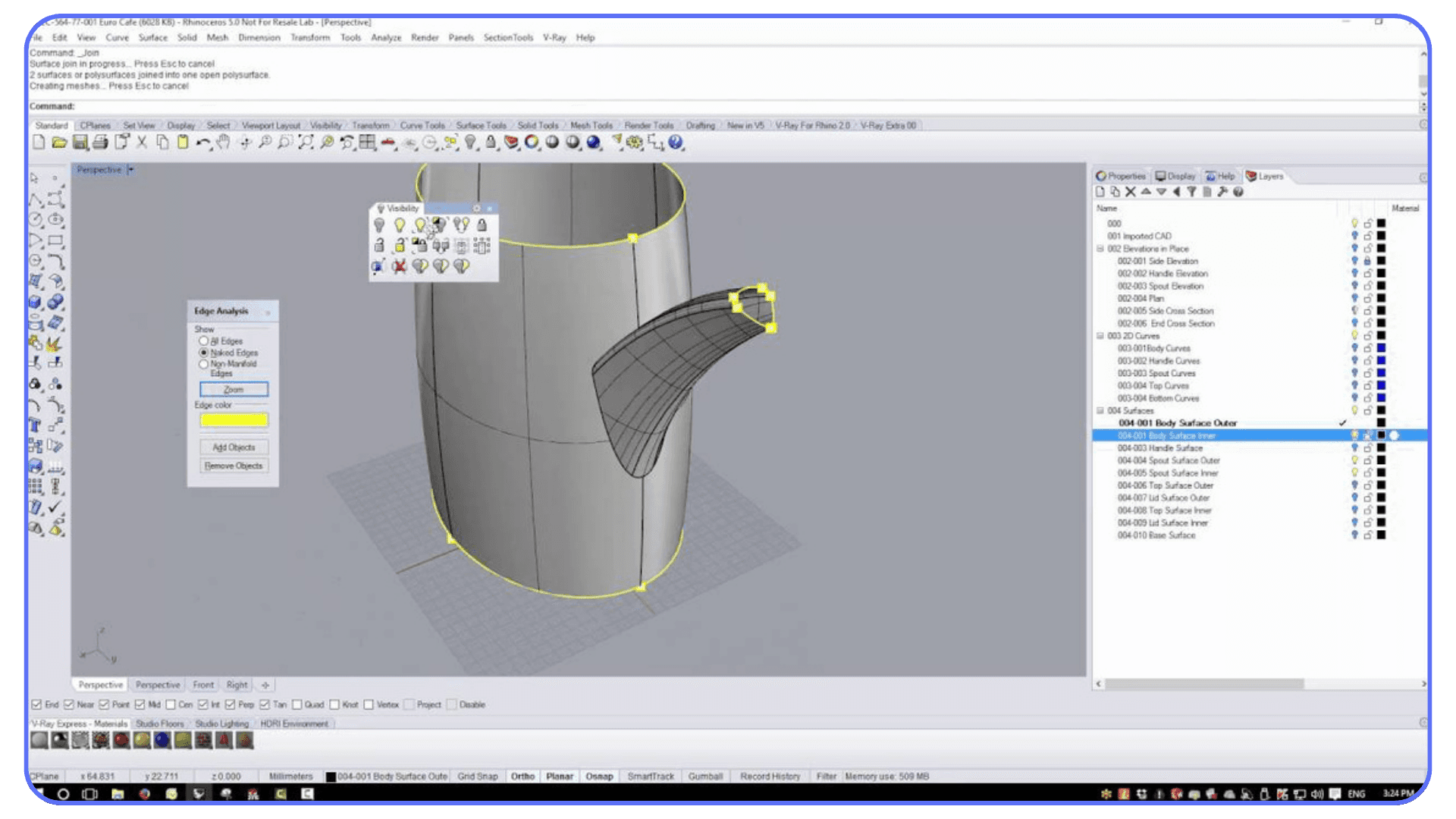 Rhino interface displaying a cylindrical body with a teapot-style curved handle being surface-modeled, with edge analysis tools active and layers listed on the right.