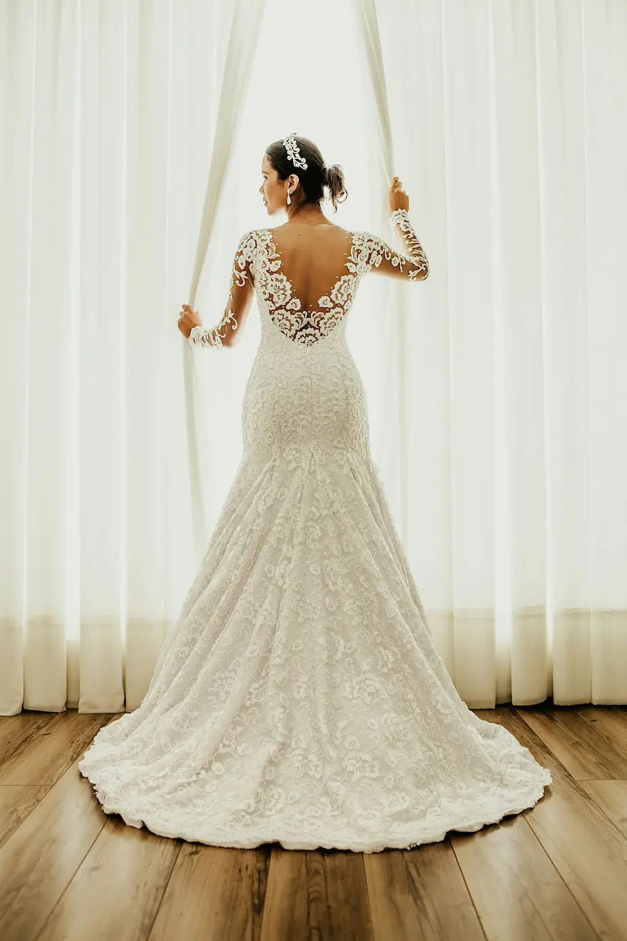 woman in white floral wedding dress