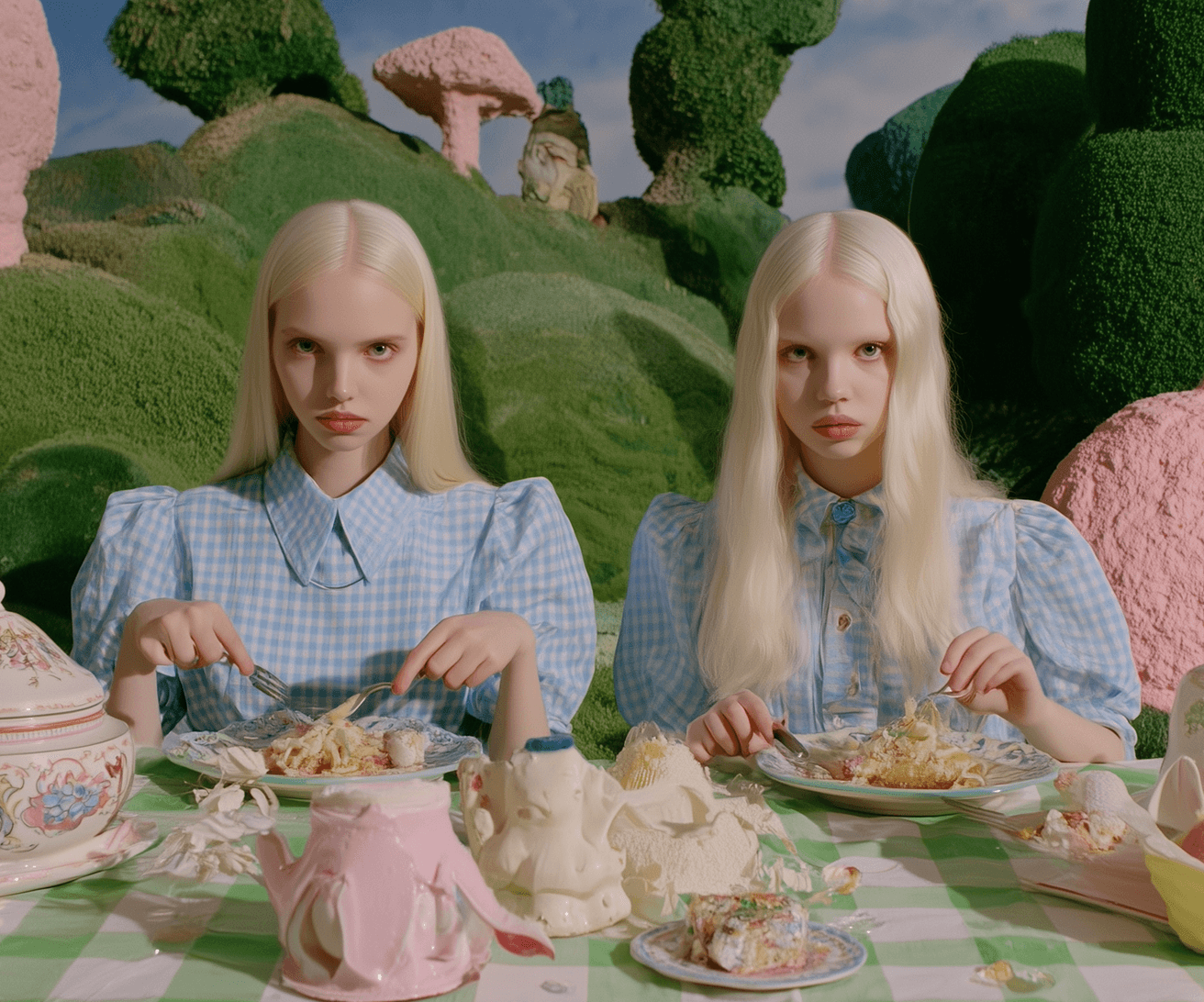 Two figures at a surreal garden table