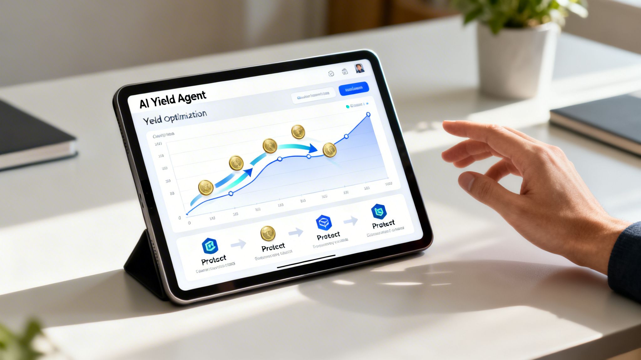 A hand interacts with a tablet showing an AI Yield Agent dashboard with a rising graph and optimization steps.