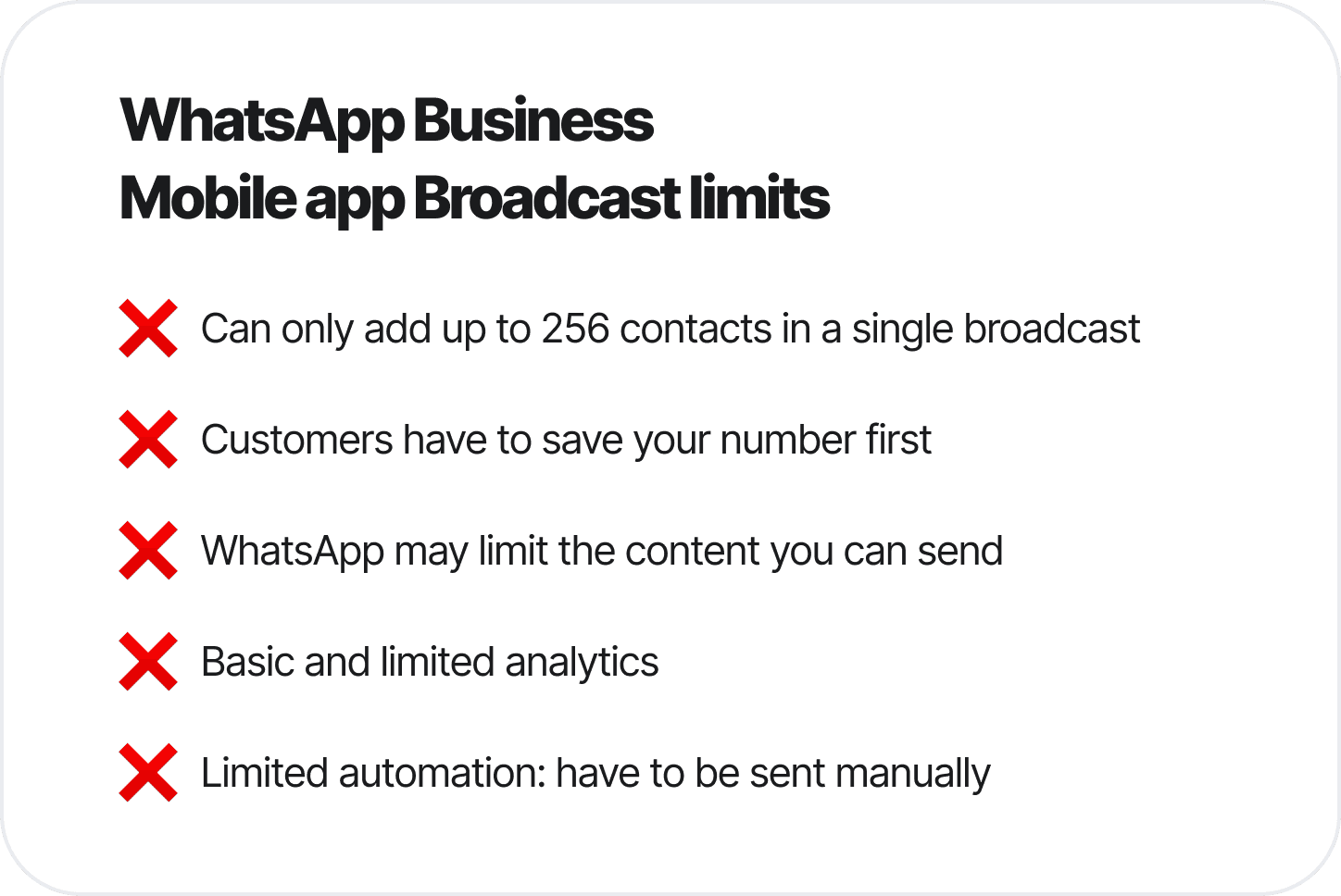 WhatsApp Business mobile app broadcast limitations table