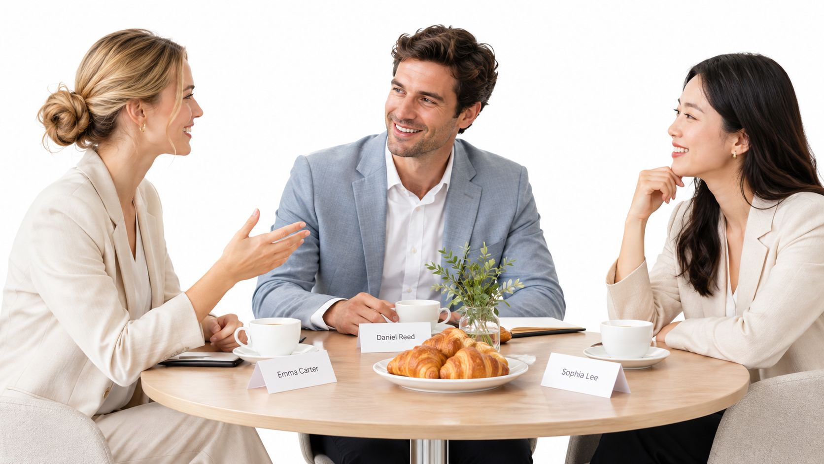 Three business professionals, two women and one man, sitting around a table having a friendly conversation.