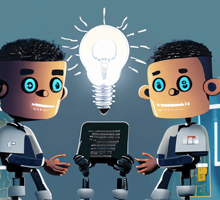 Illustration zum Thema KI und Datenschutz: Zwei stilisierte Roboter-Charaktere diskutieren unter einer leuchtenden Glühbirne über digitale Inhalte auf einem Bildschirm.