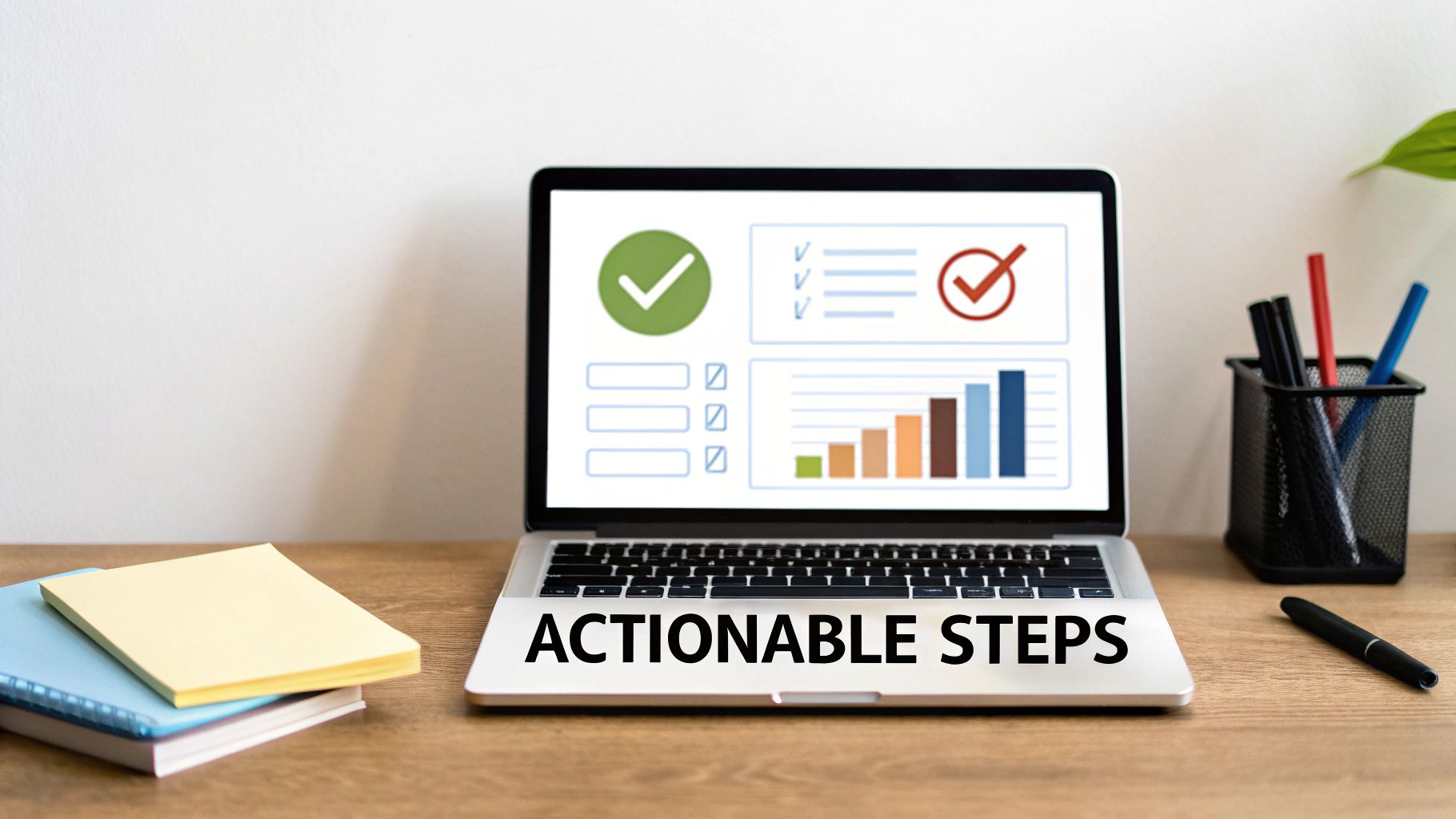 A laptop on a wooden desk displays a dashboard with checkmarks and charts, featuring 'ACTIONABLE STEPS' text.
