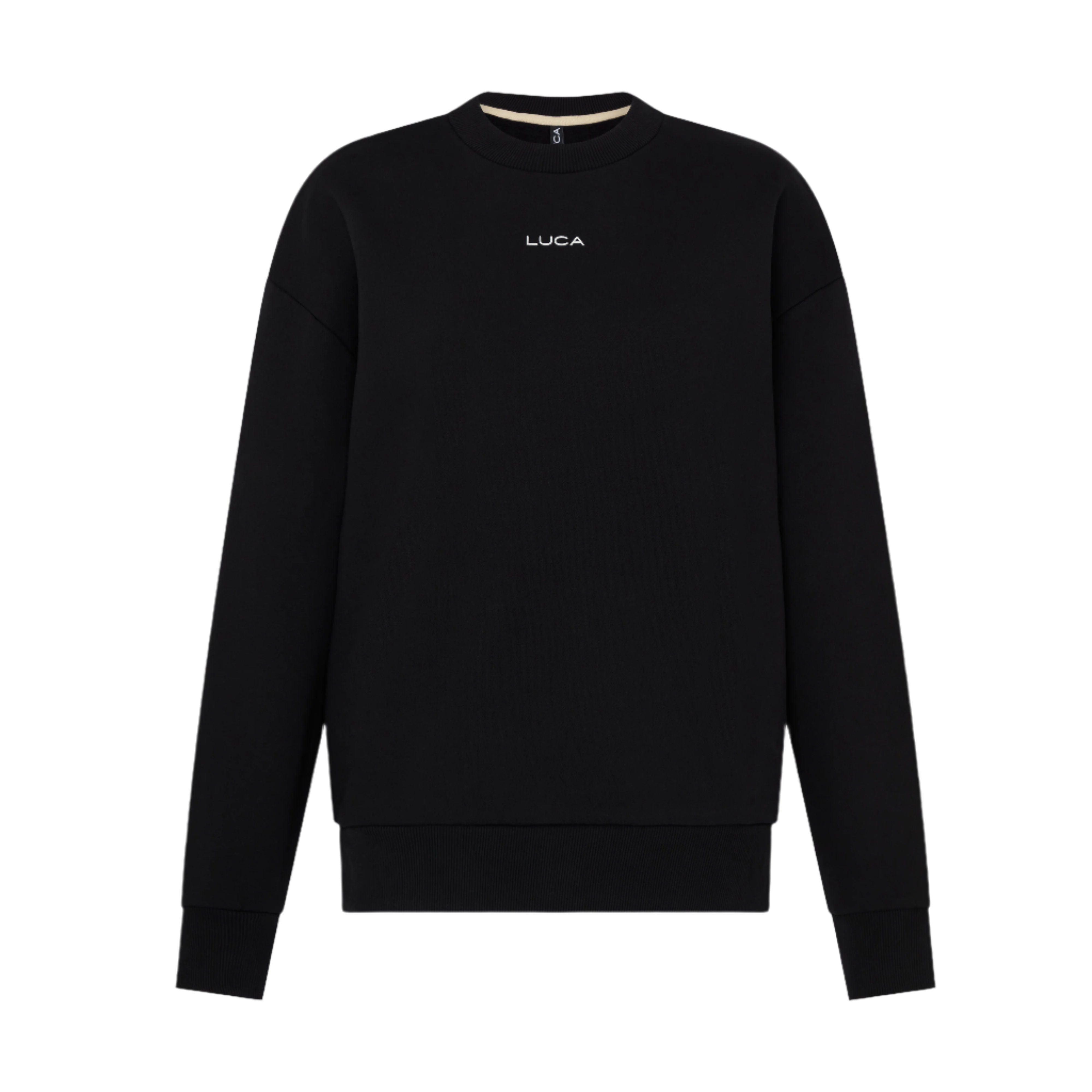 A-plain-black-long-sleeve-sweatshirt-with-a-crew-neck-and- ribbed-cuffs-The-white-LUCA-brand-logo-is-small-and-centered-on-the-upper-chest-Ideal-for-unisex- cycling-wear-warm-up-gear- comfortable-fleece-apparel