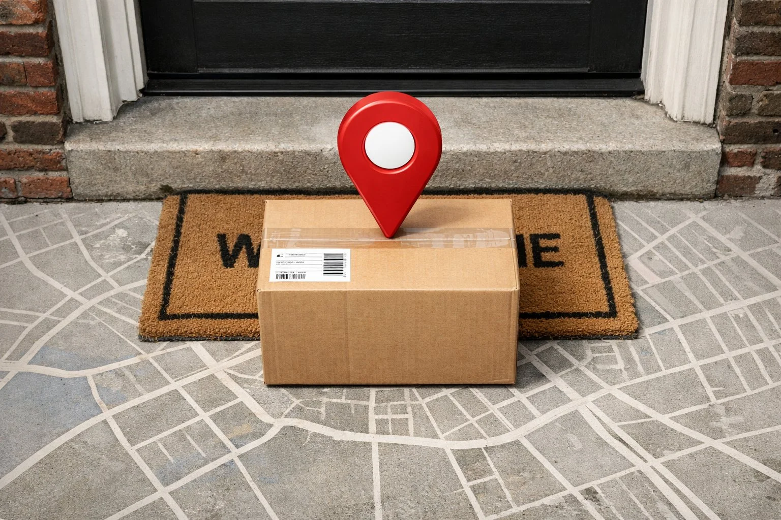 Overhead view of a delivery box on a New York doorstep with a location pin and map lines, illustrating tax based on delivery location rather than seller location.