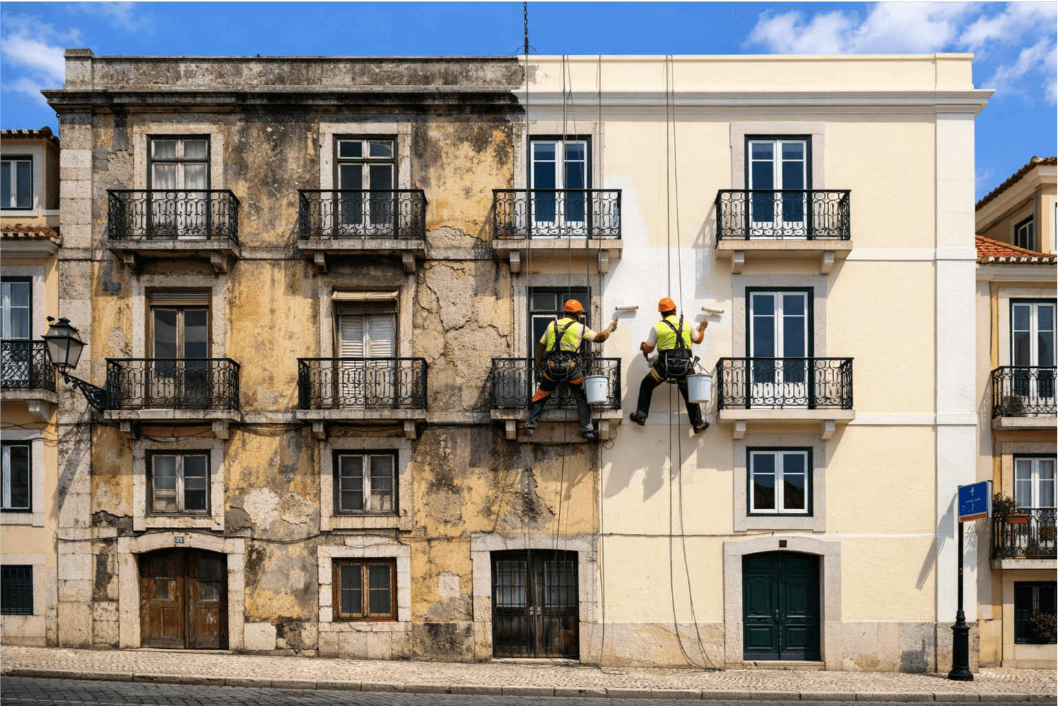 Fachada de edifício em Lisboa antes e depois de pintura com trabalhadores de acesso por cordas